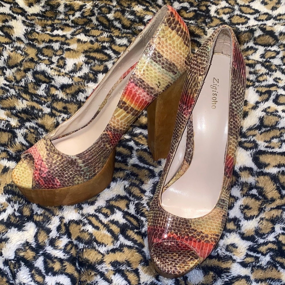 Zigi Soho Snake Print Peep Toe Wooden Platforms